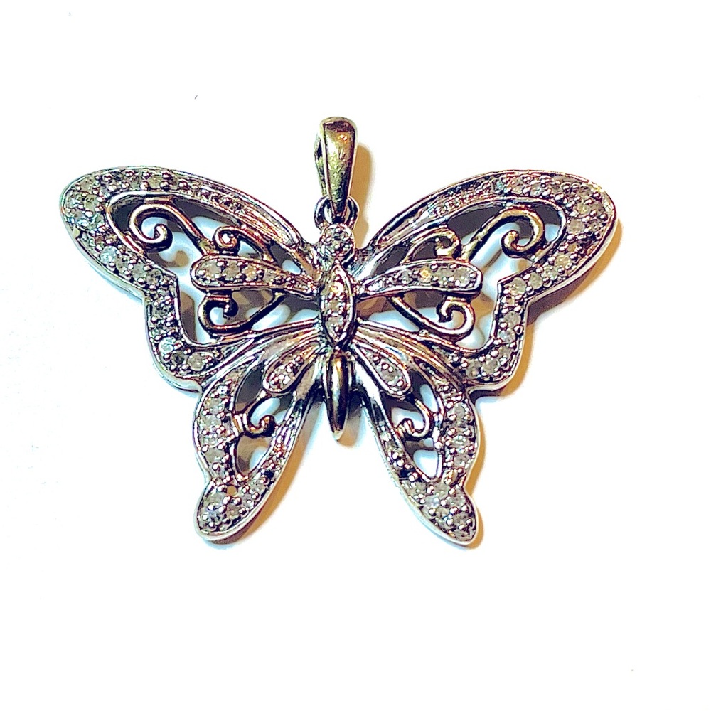 Silver 925 Butterfly Charm with CZ stones approx 1-inch by 3/4 inch